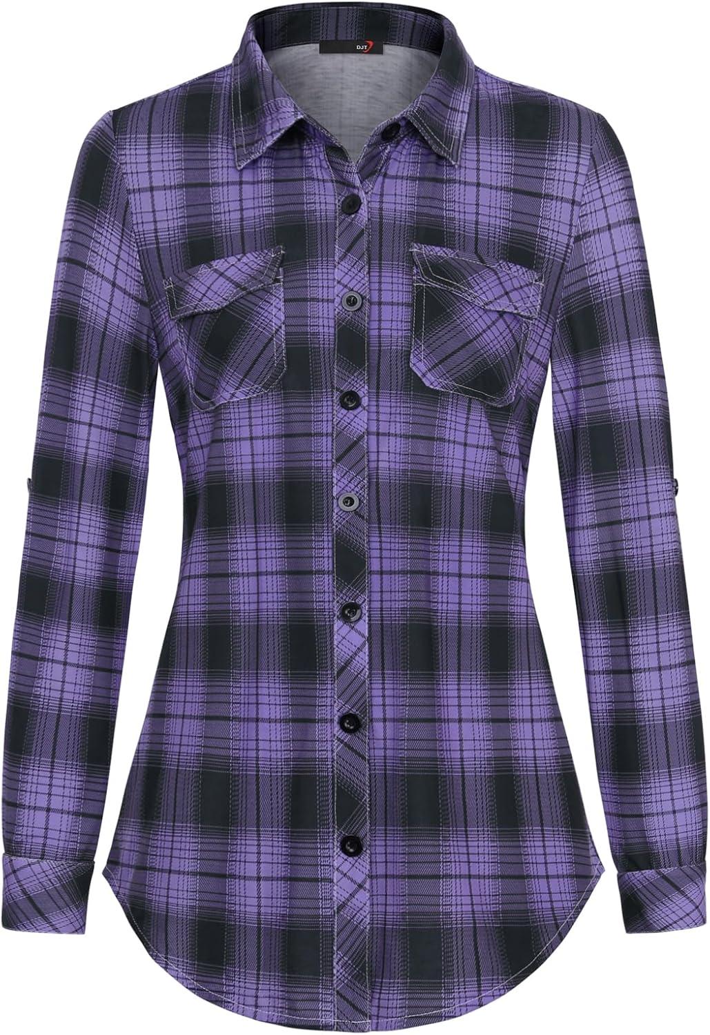 image:imageDJT Womens Soft Stretchy Knit Plaid Shirts Roll Up Long Sleeve Collared Button Down Blouses TopsPurpleblack