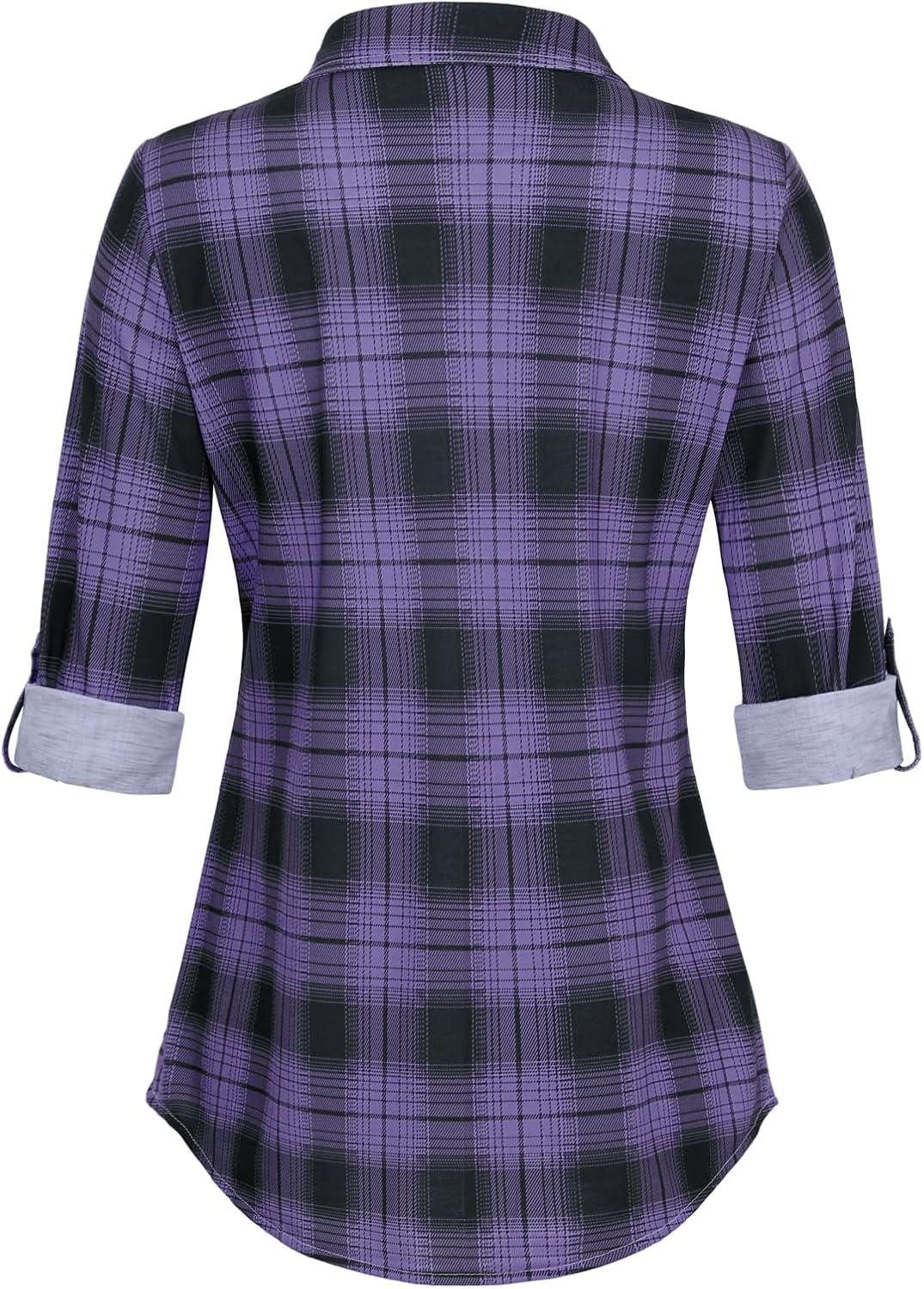 image:imageDJT Womens Soft Stretchy Knit Plaid Shirts Roll Up Long Sleeve Collared Button Down Blouses TopsPurpleblack