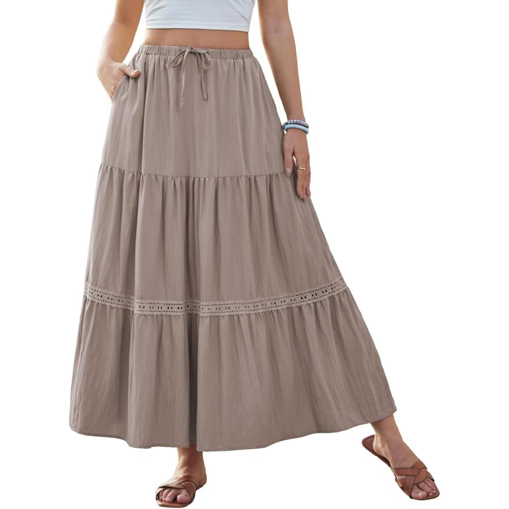 image:imageDJT Womens Boho Elegant Lace Trim Swing Tiered Maxi Skirt High Waisted Tie A Line Flowy Long Skirts with PocketsCoffee Grey