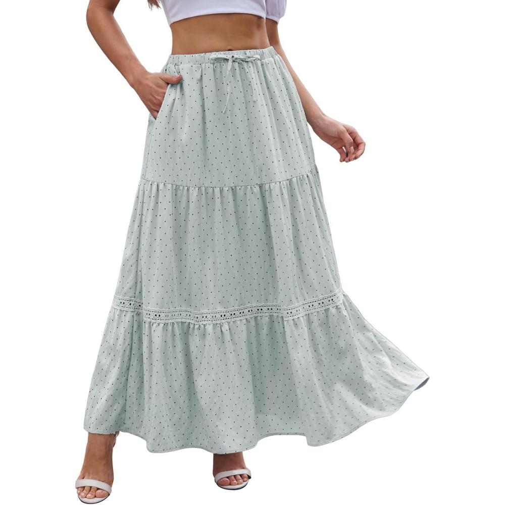 image:imageDJT Womens Boho Elegant Lace Trim Swing Tiered Maxi Skirt High Waisted Tie A Line Flowy Long Skirts with PocketsLight Blue Dots