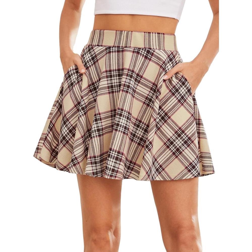 image:imageDJT Womens Flared Mini Skater Skirt with Pockets Versatile High Waist Casual SkirtsApricot Plaid