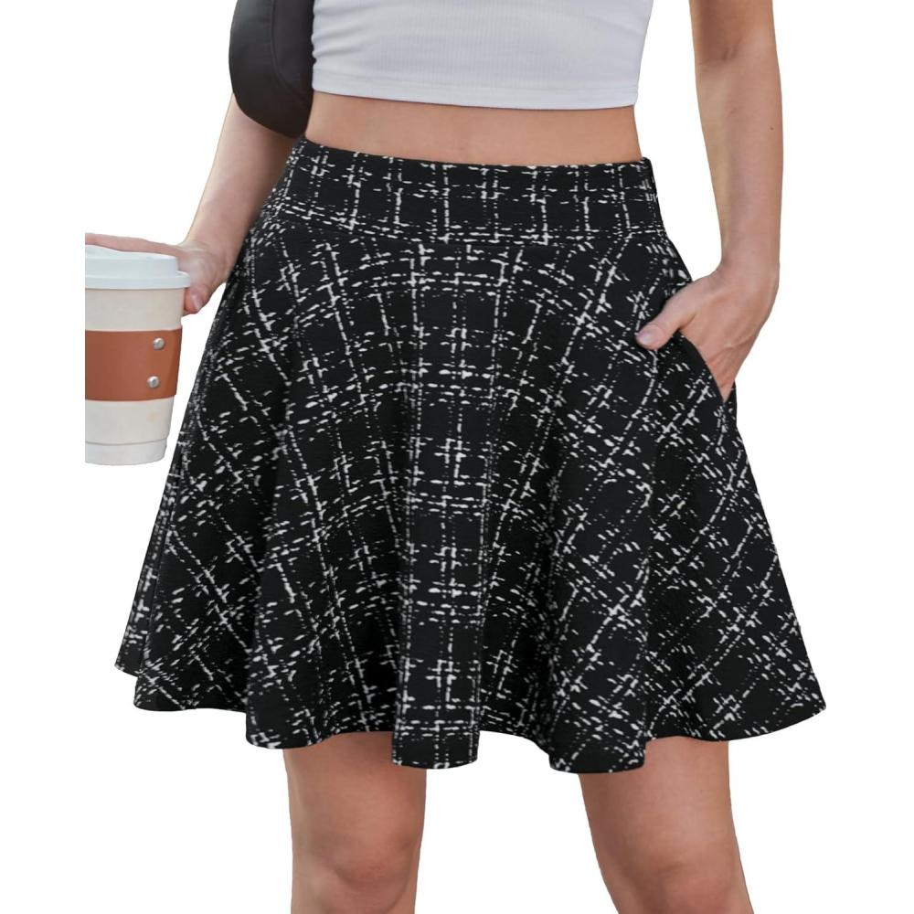 image:imageDJT Womens Flared Mini Skater Skirt with Pockets Versatile High Waist Casual SkirtsBlack Dotted Grid