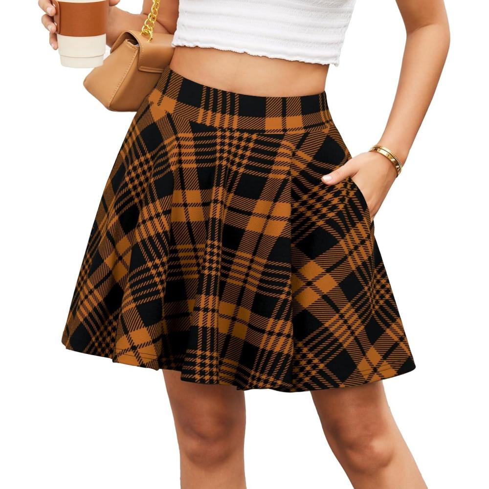 image:imageDJT Womens Flared Mini Skater Skirt with Pockets Versatile High Waist Casual SkirtsDark Yellow Plaid