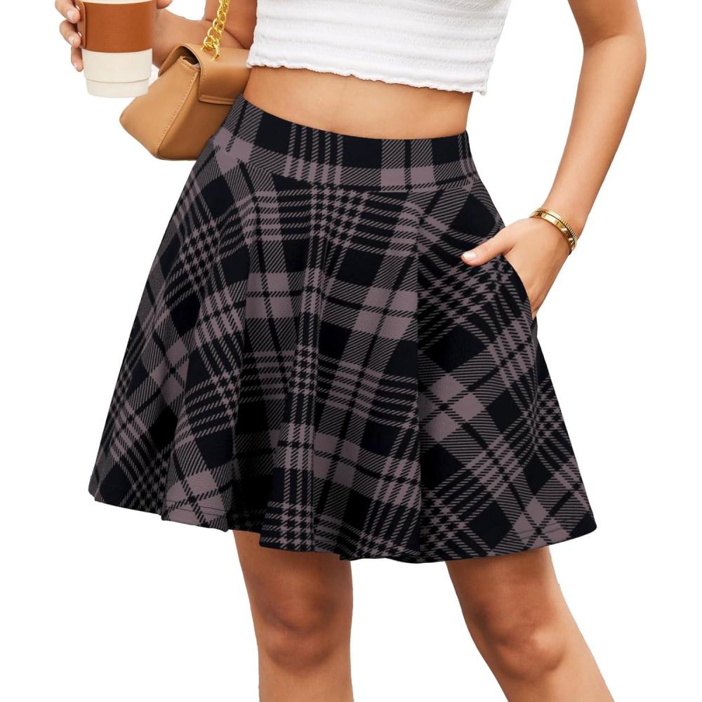 image:imageDJT Womens Flared Mini Skater Skirt with Pockets Versatile High Waist Casual SkirtsGrayishpurple Plaid