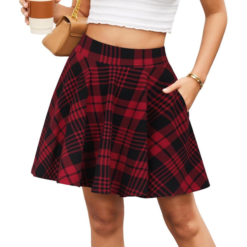 image:imageDJT Womens Flared Mini Skater Skirt with Pockets Versatile High Waist Casual SkirtsRed Plaid