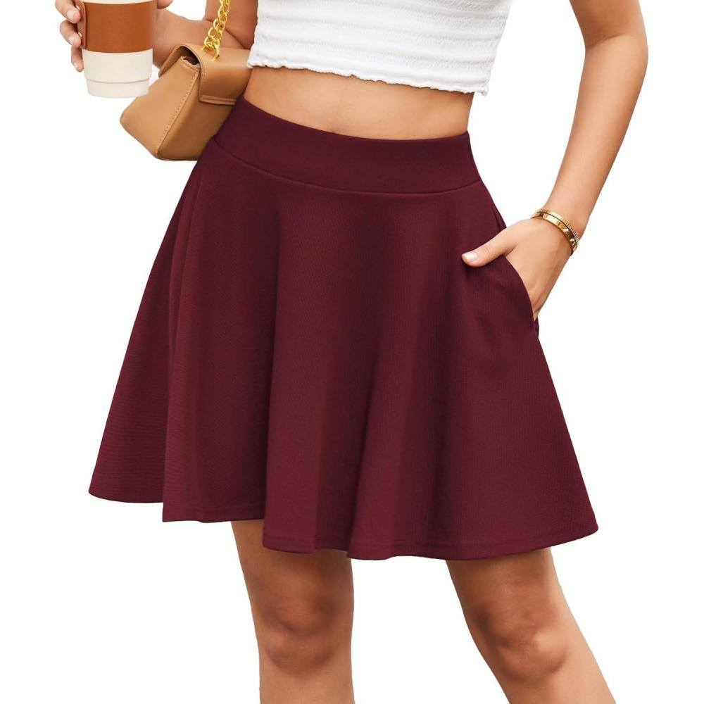 image:imageDJT Womens Flared Mini Skater Skirt with Pockets Versatile High Waist Casual SkirtsWine