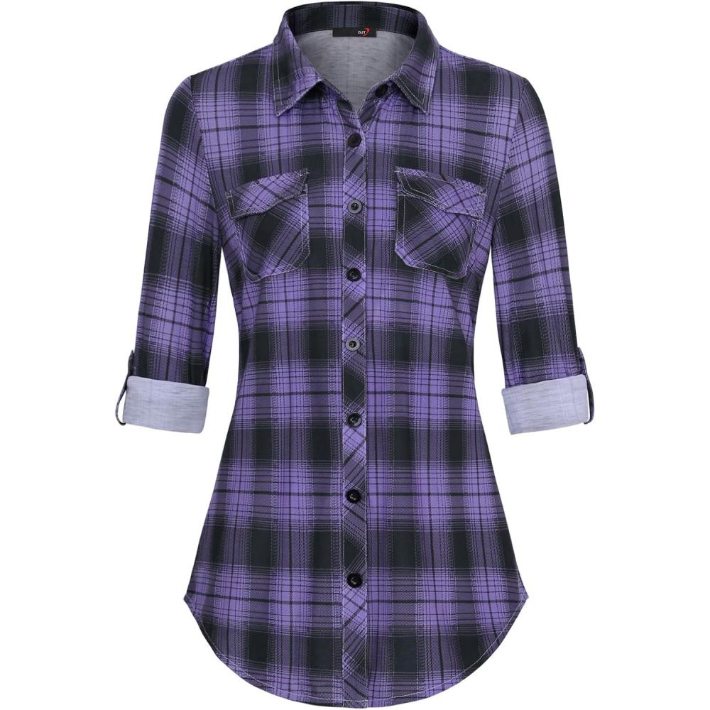 image:imageDJT Womens Soft Stretchy Knit Plaid Shirts Roll Up Long Sleeve Collared Button Down Blouses TopsPurpleblack