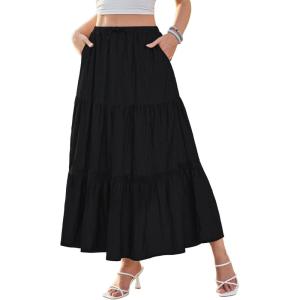 DJT Women’s Boho Elegant Lace Trim Swing Tiered Maxi Skirt High Waisted Tie A Line Flowy Long Skirts with Pockets(Black)