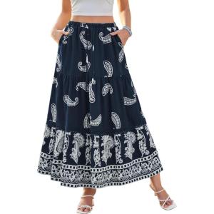 DJT Women’s Boho Elegant Lace Trim Swing Tiered Maxi Skirt High Waisted Tie A Line Flowy Long Skirts with Pockets(Navy Paisley)