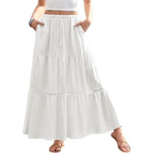 DJT Women’s Boho Elegant Lace Trim Swing Tiered Maxi Skirt High Waisted Tie A Line Flowy Long Skirts with Pockets(White)