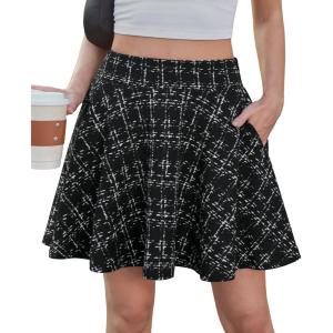 DJT Womens Flared Mini Skater Skirt with Pockets Versatile High Waist Casual Skirts(Black Dotted Grid)
