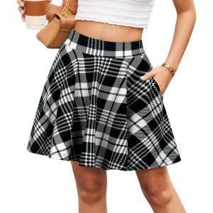 DJT Womens Flared Mini Skater Skirt with Pockets Versatile High Waist Casual Skirts(Black White Plaid)