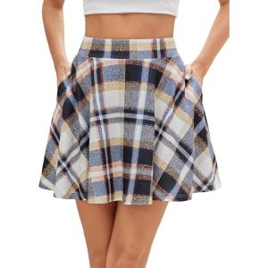 DJT Womens Flared Mini Skater Skirt with Pockets Versatile High Waist Casual Skirts(Blue Plaid)