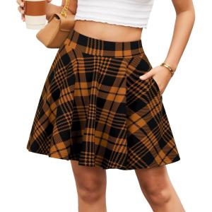 DJT Womens Flared Mini Skater Skirt with Pockets Versatile High Waist Casual Skirts(Dark Yellow Plaid)