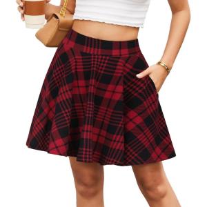 DJT Womens Flared Mini Skater Skirt with Pockets Versatile High Waist Casual Skirts(Red Plaid)