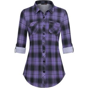 DJT Womens Soft Stretchy Knit Plaid Shirts Roll Up Long Sleeve Collared Button Down Blouses Tops(Purple-black)