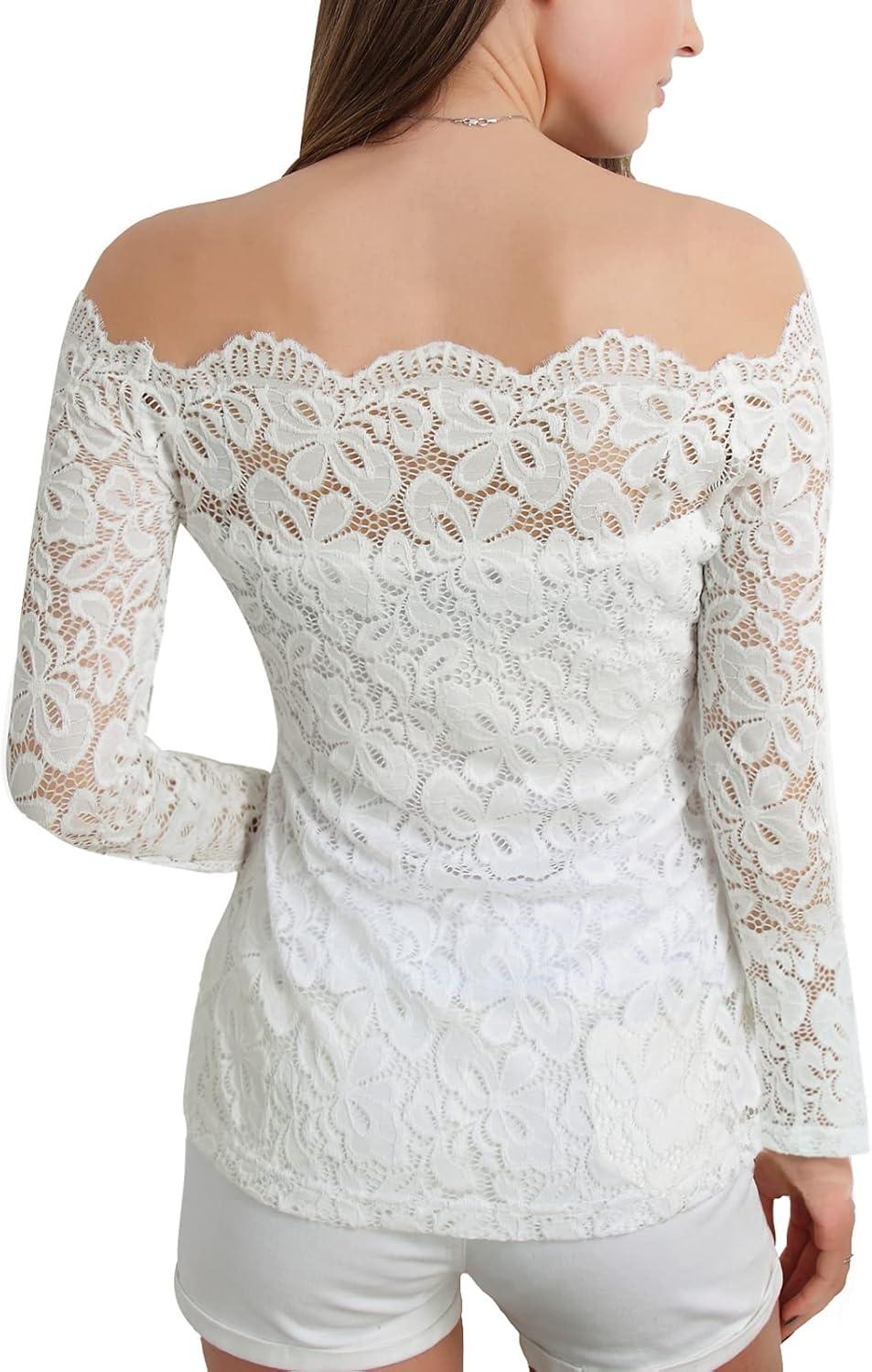 image:imageDJT Womens Lace OffShoulder Floral 78 Long Sleeve Top with Lining Fitted Casual Blouse for Party Wedding NightclubElegant White
