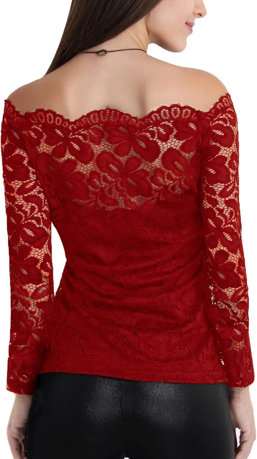 image:imageDJT Womens Lace OffShoulder Floral 78 Long Sleeve Top with Lining Fitted Casual Blouse for Party Wedding NightclubHot Wine