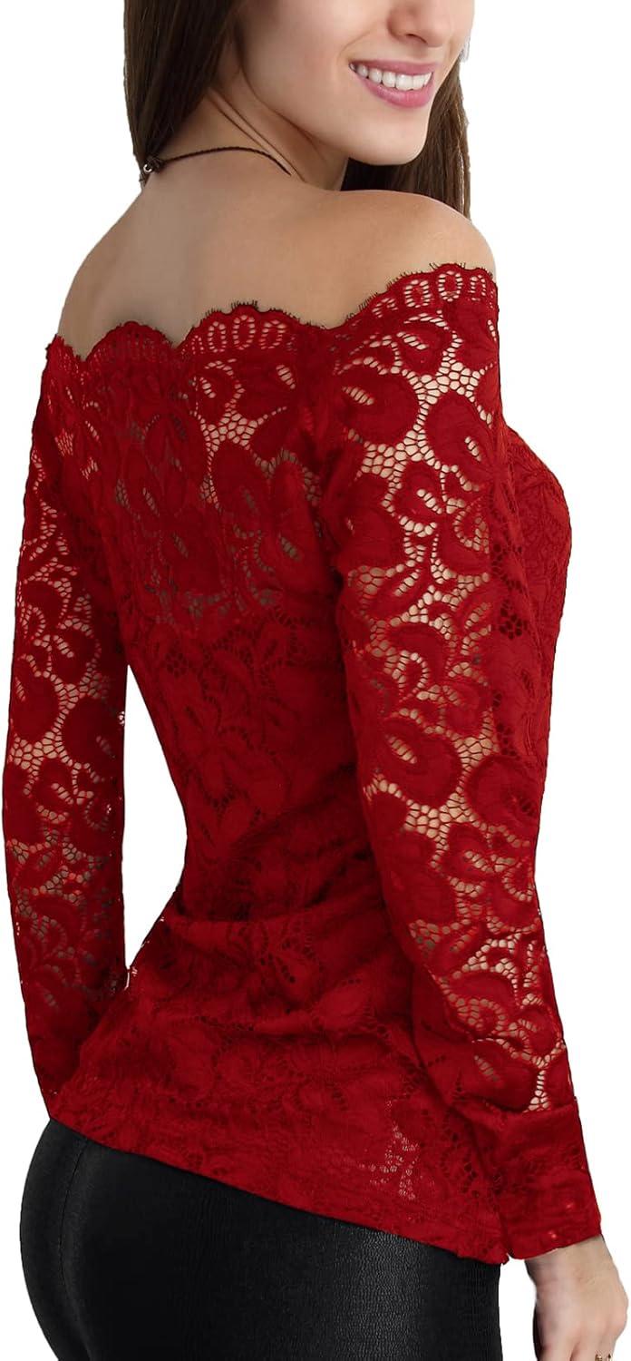 image:imageDJT Womens Lace OffShoulder Floral 78 Long Sleeve Top with Lining Fitted Casual Blouse for Party Wedding NightclubHot Wine
