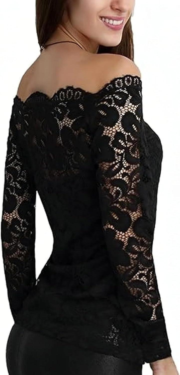 image:imageDJT Womens Lace OffShoulder Floral 78 Long Sleeve Top with Lining Fitted Casual Blouse for Party Wedding NightclubVintage Black
