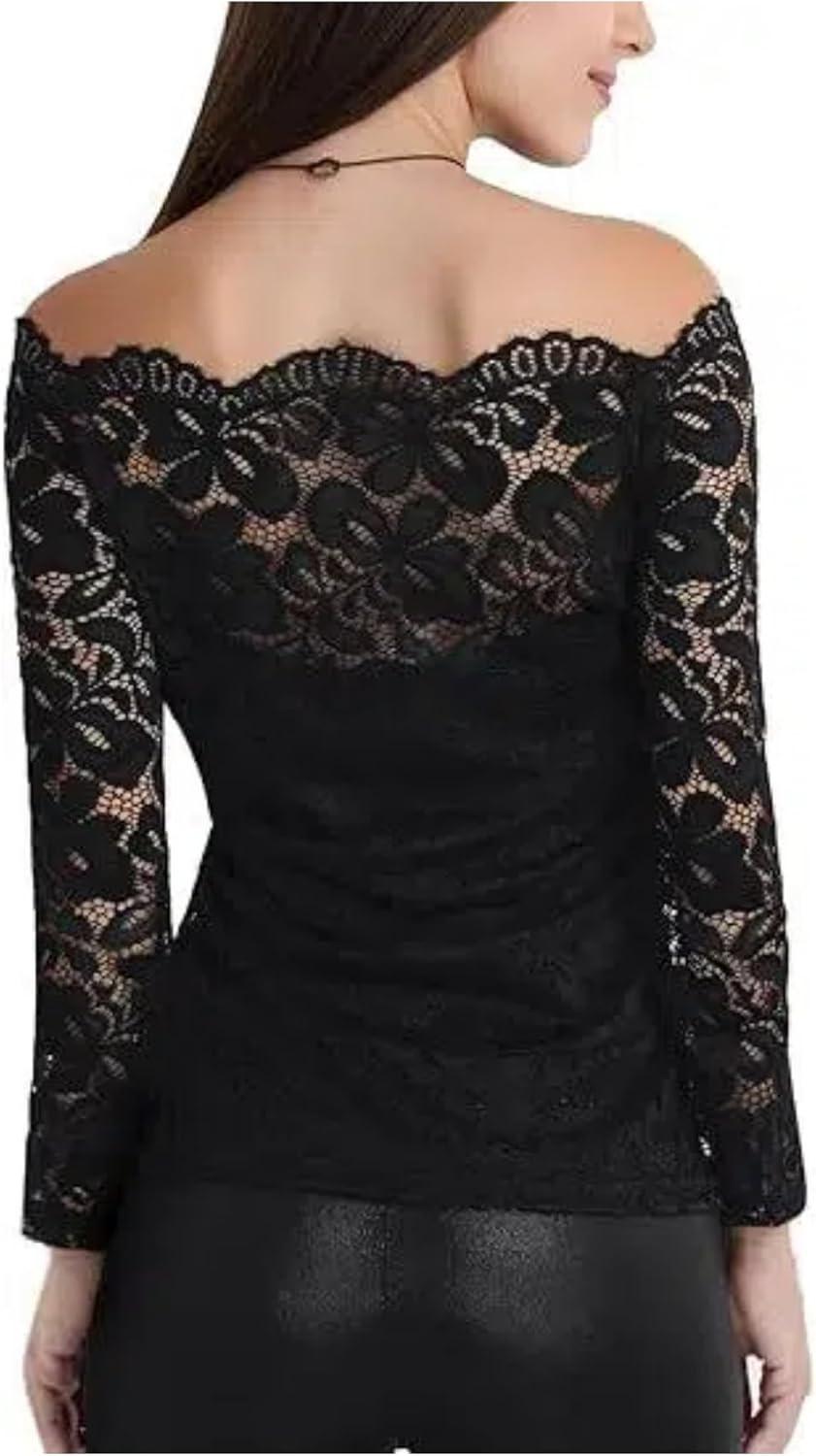 image:imageDJT Womens Lace OffShoulder Floral 78 Long Sleeve Top with Lining Fitted Casual Blouse for Party Wedding NightclubVintage Black