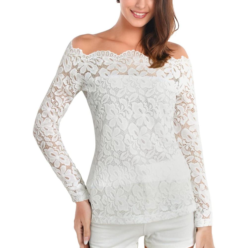 image:imageDJT Womens Lace OffShoulder Floral 78 Long Sleeve Top with Lining Fitted Casual Blouse for Party Wedding NightclubElegant White