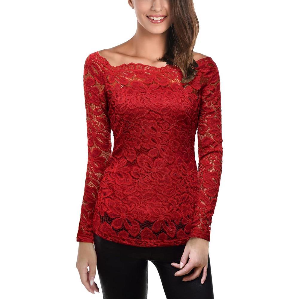 image:imageDJT Womens Lace OffShoulder Floral 78 Long Sleeve Top with Lining Fitted Casual Blouse for Party Wedding NightclubHot Wine