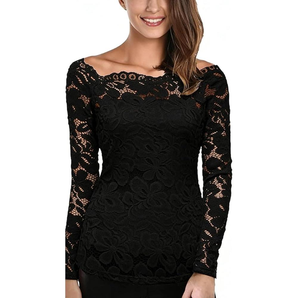 image:imageDJT Womens Lace OffShoulder Floral 78 Long Sleeve Top with Lining Fitted Casual Blouse for Party Wedding NightclubVintage Black
