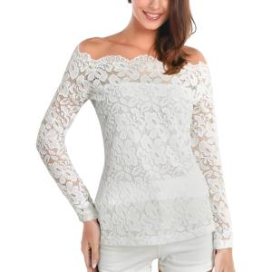DJT Women’s Lace Off-Shoulder Floral 7/8 Long Sleeve Top with Lining – Fitted Casual Blouse for Party Wedding Nightclub(Elegant White)