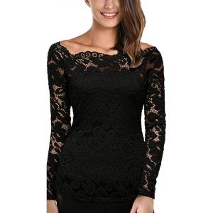 DJT Women’s Lace Off-Shoulder Floral 7/8 Long Sleeve Top with Lining – Fitted Casual Blouse for Party Wedding Nightclub(Vintage Black)