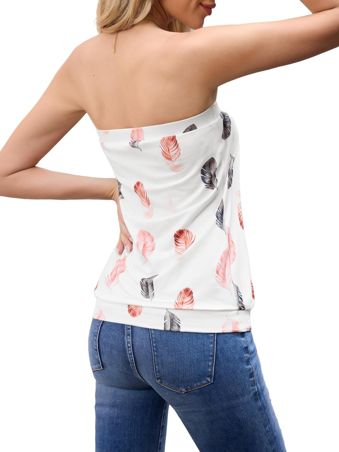 image:imageDJT Womens Strapless Bandeau Tube Top Loose Casual Summer Tank TopWhite Feather Print