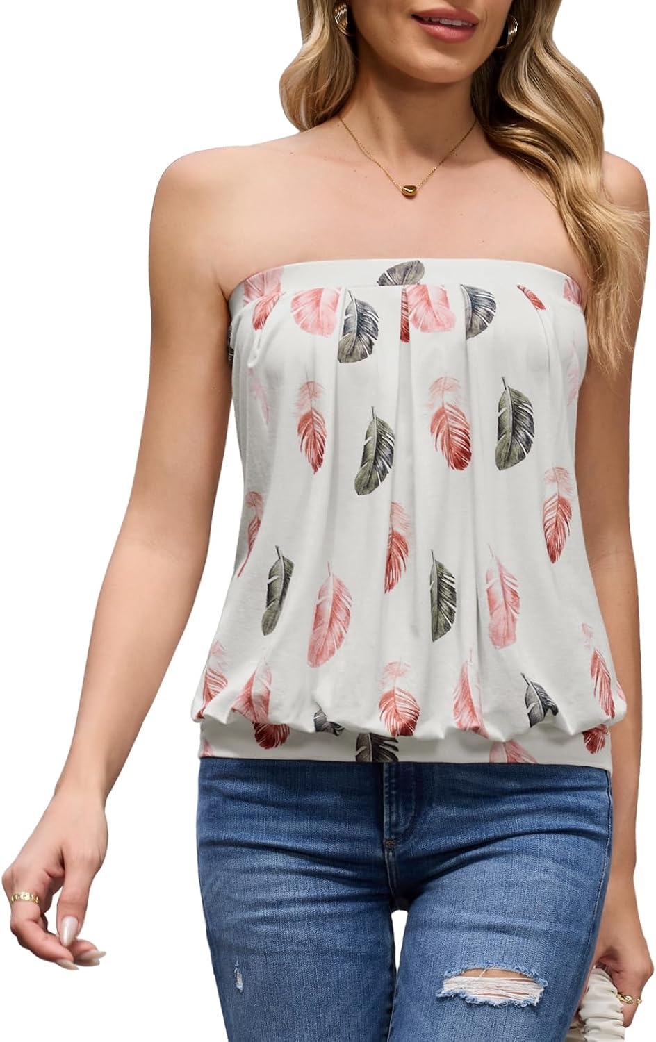 image:imageDJT Womens Strapless Bandeau Tube Top Loose Casual Summer Tank TopWhite Feather Print