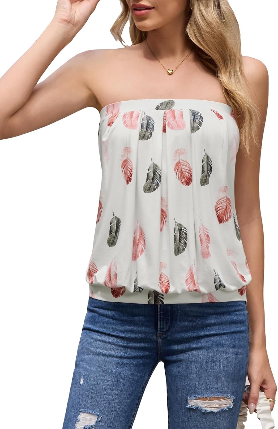 image:imageDJT Womens Strapless Bandeau Tube Top Loose Casual Summer Tank TopWhite Feather Print